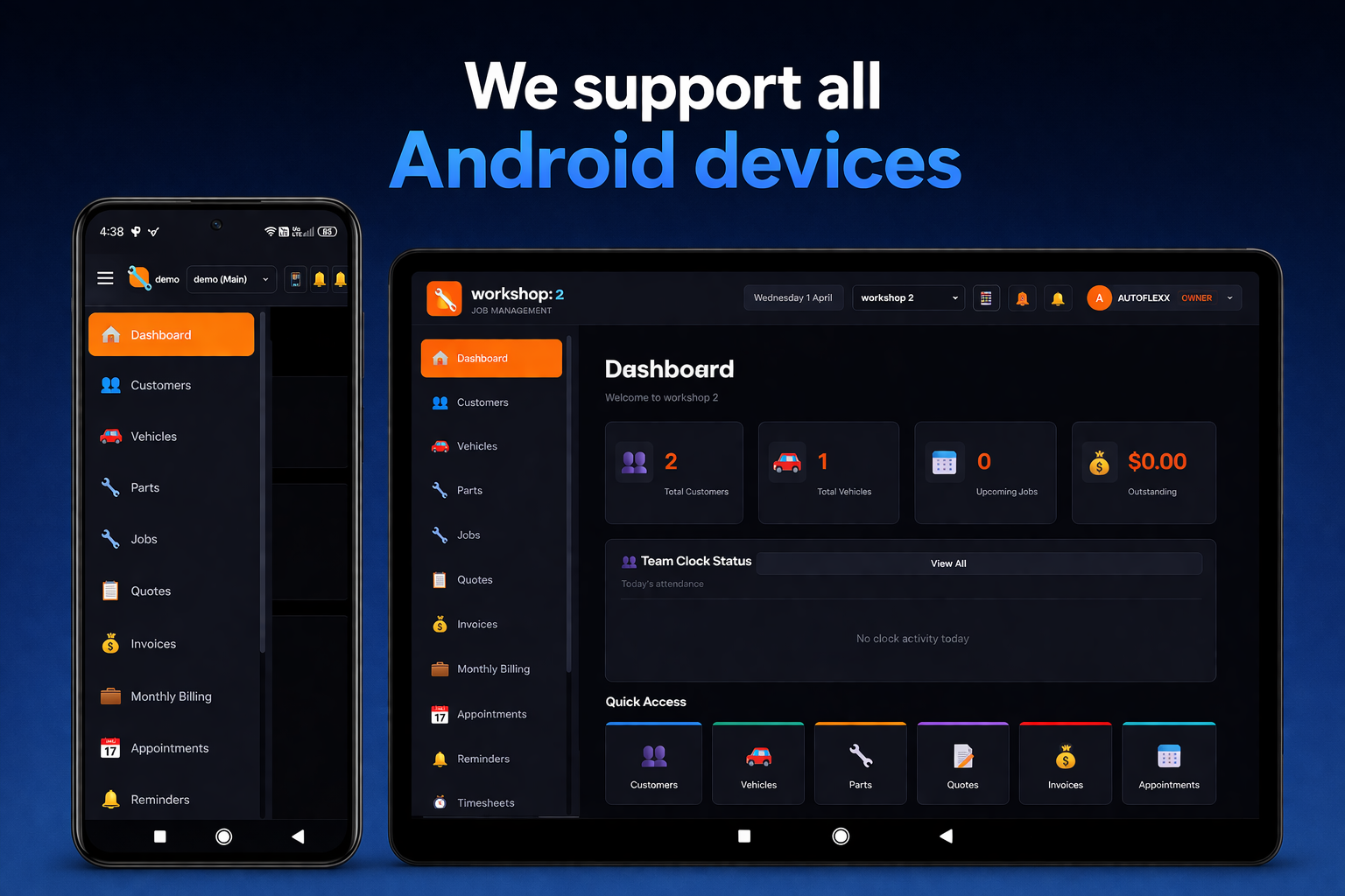 AutoFlexx running on Android phone and tablet
